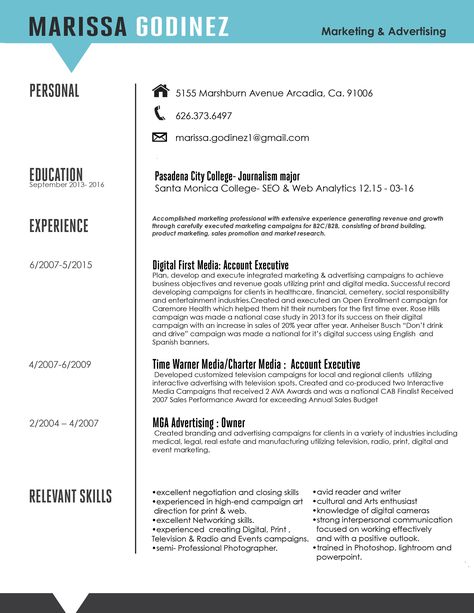 Resume Santa Monica College, Journalism Major, Executive Resume, Account Executive, Web Analytics, City College, Brand Building, Marketing And Advertising, Accounting