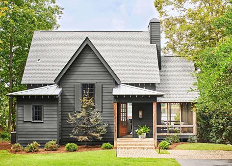 River Cottage Exterior Colors, Lake Cottage Addition, Grey Lake House Exterior, Alabama Lake House, Mountain Cottage Exterior Paint Colors, Shingle Style Lake House, Lake House Bungalow, Lakeside Cottage Exterior, Lake Cottage Exterior Colors