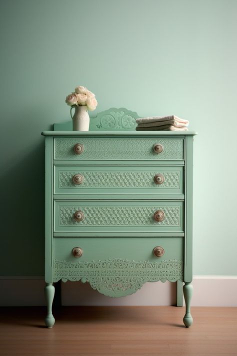 This vintage dresser has been painted in a soft pastel color and decorated with flowers. It adds a touch of charm and whimsy to any bedroom. #furniture #shabbychic #dresser #vintagefurniture #charming #whimsical #bedroomdecor Fairycore Dresser Furniture, Pastel Green Drawer, Sage Green Antique Dresser, Mermaid Tall Vintage Dresser, Green Brown Vintage Dresser, Shabby Chic Dresser, Vintage Dressers, Soft Pastel, Pastel Colors