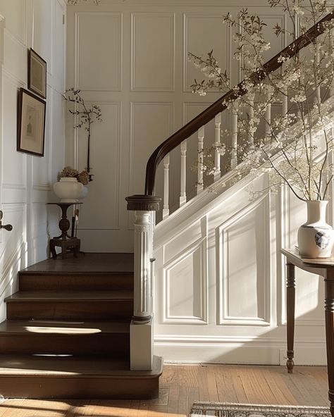 Victorian Style Staircase, Victorian False Ceiling Design, Georgian House Hallway, Stained Glass Over Doorway, Dream House Hallway, English Country Staircase, Modern Traditional Hallway, Center Staircase Entryway, Victorian Cottagecore House Interior