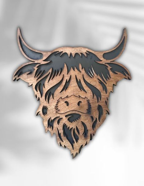 Highland Cattle Drawing, Cow Wood Sign, Highland Cow Wood Sign, Cnc Projects Woodworking, Xtool S1 Project Ideas, Cnc Projects To Sell, Highland Cow Decor, Highlander Cow, Highland Coo