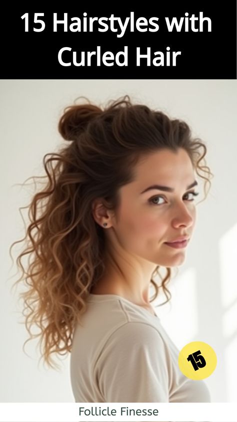 Hairstyles with Curled Hair,Woman with half-up, half-down curly hairstyle Natural Wavy Half Up Half Down, Short Curly Hair Half Up Half Down, Curly Half Up Half Down Hairstyles, Half Up Curly Hairstyles, Half Up Curly Hair, Hairstyles With Curled Hair, Curly Hair Half Up Half Down, 15 Hairstyles, Grey Bob Hairstyles