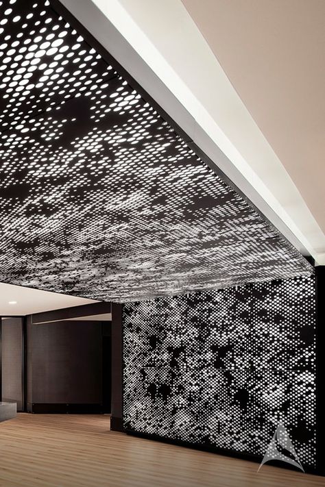 Perforated Metal Ceiling, Facade Pattern, Torsion Spring, Pop False Ceiling Design, Ceiling System, Ceiling Detail, Environmental Graphic Design, Modern House Facades, Cnc Design