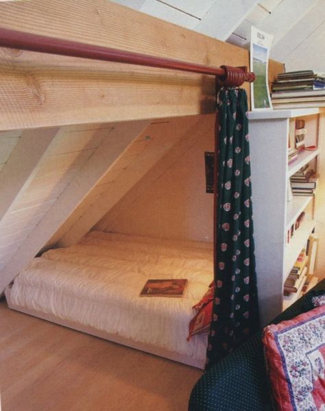 Simple DIY under-eaves bedding. Alcove Bed Slanted Ceiling, Under Eaves Bed, Beds Under Eaves, Eaves Bed, Kids Attic Bedroom, Eaves Bedroom, Attic Room Ideas, Attic Bed, Attic Bedroom Storage