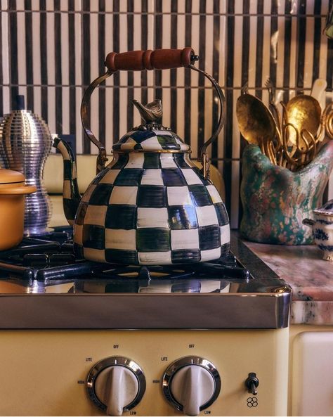 Checkered kettle Yellow Kitchen Cabinets, Courtly Check, Yellow Kitchen, Mackenzie Childs, House Room, Tea Kettle, Dream House Decor, House Inspo, Dream Home Design