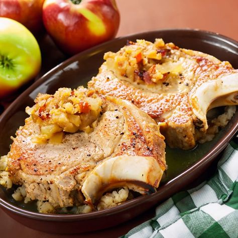 Apple Pork Chops and Stuffing | STOVE TOP | Recipes - Kraft Heinz Stuffing Stove Top, Pork Chops And Stuffing, Stuffing Recipes Crockpot, Apple Pork, Apple Pork Chops, Stove Top Recipes, Boneless Pork Chops, Fall Recipe, Baked Pork Chops