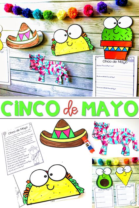 Cinco de Mayo is almost here! Are you ready to teach your littlest learners all about this Mexican holiday? This resource will help. It has an article perfect for primary readers that teaches about Cinco de Mayo. There are two flappy response crafts (taco and sombrero) for you to choose from as well as three differentiated response sheets with toppers. Also included is a fun pinata craft and bulletin board header. Pinata Craft, Board Header, First Grade Crafts, Kindergarten Spring, Spring Kindergarten, Spring Writing, Spring Math, First Grade Writing, Mexican Holiday