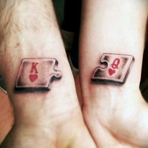 Puzzle Tattoo, King Queen Tattoo, Marriage Tattoos, Queen Of Hearts Tattoo, Him And Her Tattoos, Puzzle Piece Tattoo, Partner Tattoos, Puzzle Tattoos, Tatuagem Masculina Pequena