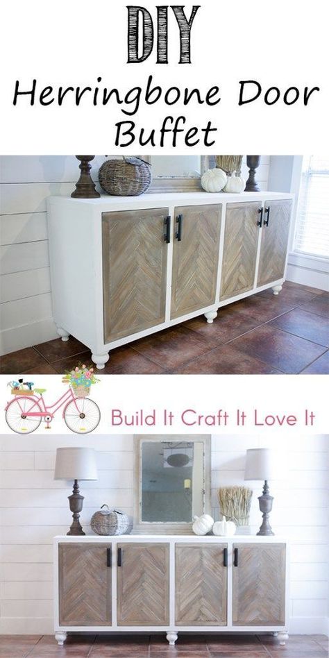 DIY Herringbone Door Buffet Cabinet - Free plans to build your own buffet / console table that has a beautiful herringbone pattern on the doors! It has a ton of storage inside and looks great on the outside! Use it in a living room as a media cabinet, a dining room as a buffet or anywhere else you can dream up or need storage! #outsidefurnitureplans #buffetwoodworkingplans Sideboard Craft Storage, Credenza Building Plans, Diy Cabinet Door Designs, Living Room Storage Diy, Diy Accent Cabinet, Herringbone Door, Diy Buffet Table, Remodeling Furniture, Ideal Farmhouse