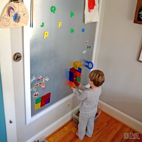 DIY Magnet Wall - Days With Grey Magnetic Board For Kids, Magnet Board Kids, Lego Storage Solutions, Diy Magnet Board, Magnetic Paint, Whiteboard Wall, Diy Playroom, Sensory Wall, Diy Magnets