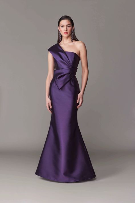 Frascara | Carrie Karibo Bridal - 4712 | Carrie Karibo Bridal Mob Dress, Off Shoulder Evening Dress, Drape Gowns, Purple Style, Fantasy Dresses, Fit And Flare Skirt, Mob Dresses, One Shoulder Gown, Evening Gowns Elegant