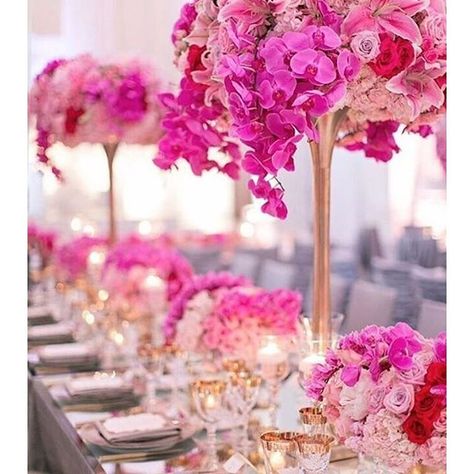 Loving this lavish wedding decor! The results of an All-:star: wedding team! Bride: @mrslolojones | Planning @allureeventsatelier | floral: @celiosdesign | :camera:: @katiebeverleyphoto | Rentals: @revelryeventdesign @classicpartyla Gold Reception, Pink Wedding Centerpieces, Fuchsia Wedding, Hot Pink Weddings, Wedding Reception Decor, Wedding Reception Centerpieces, Gold Wedding Decorations, Party Deco, Reception Centerpieces