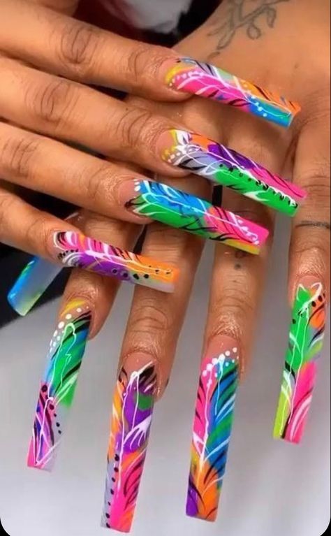 Brite Nail Designs, 90 Acrylic Nails, Nail Ideas 90s, Colorful Freestyle Nails, Neon Long Acrylic Nails, Colorful 90s Nails, Loud Nails Art Designs, Freaknik Nails Ideas, Neon 90s Nails