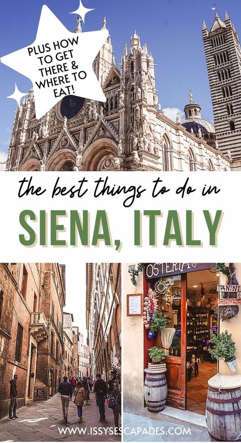 Siena italy things to do pin cover, with image of the duomo of siena against a bright blue sky, people walking between tall orange hued medieval buildings on a street and a traditional osteria shop front with barrels, plants and wine outside. Sienna Italy, Travel Beautiful Places, Italy Coast, Italy Restaurant, Italy Travel Outfit, Italy Culture, Italy Trip Planning, Florence Italy Travel, Day Trips From Rome