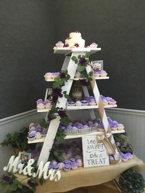 Wedding Cake Ladder Built for our Daughters Special Day - Cupcakes - Rustic - Cupcake Ladder, Ladder Wedding, Cake Stand Wedding, Rustic Cupcakes, Small Ladder, Cake Stand Decor, Diy Display, Wedding Treats, Cupcake Display