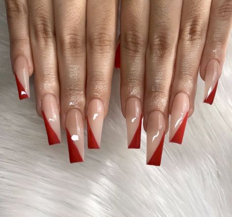 Red V French Tip Nails, V Shape Nails, Queen Nails Designs, Burgundy Acrylic Nails, Red Acrylic Nails, Simple Acrylic Nails, Long Acrylic Nails Coffin, Exotic Nails, Long Square Acrylic Nails