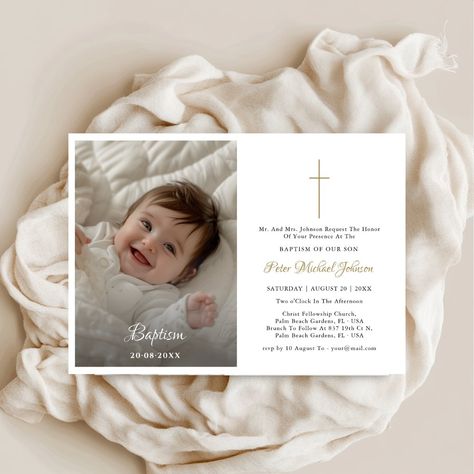 Modern Gold Catholic Religion Infant Baptism Photo Catholic Baptism, Baptism Photos, Michael Johnson, Baby Dedication, Photo Invitations, Modern Typography, Elegant Invitations, Baby Boy Or Girl, Simple Elegant