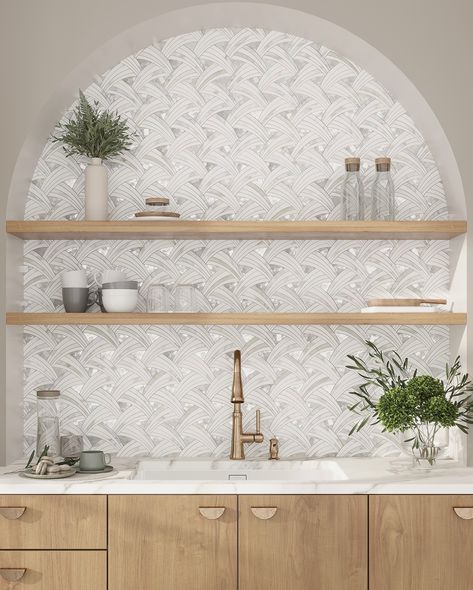 For a stylish and elegant look, the Pearl Waterjet Tiles from Tile Club bring a touch of luxury to any space with their intricate designs and stunning mix of marble and mother of pearl. Perfect for creating a sophisticated backsplash or a statement wall, these tiles combine durability with artistic flair! Browse the full collection at tileclub.com 🌊 Mother Of Pearl Backsplash, Waterjet Mosaic Tile, Mosaic Tile Sheets, Shell Tiles, Pearl Tile, Gray And White Kitchen, Home Design Magazines, White Marble Tiles, White Kitchen Decor