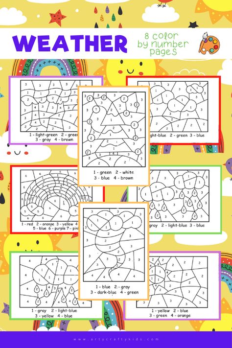 Weather Color By Number Pages: If you're looking for an easy art activity that also incorporates some hidden learning, our color by number pages are just what you need! This set takes a closer look at different kinds of weather: including sun, rain, snow, lightning, clouds, a rainbow and even a tornado, there’s something to interest everyone in our Weather Color by Number pages. Weather Activities Preschool Printables, Kids Weather Activities, Lightning Clouds, Weather Activities Preschool, Tumblr Coloring Pages, Fnaf Coloring Pages, Color By Number Printable, Numbers Kindergarten, Paw Patrol Coloring Pages