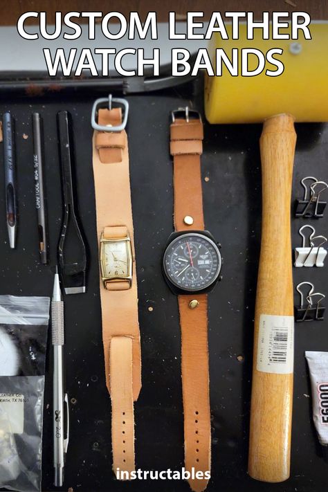 Diynstructions shares how to make some custom leather watch bands! #Instructables #leatherworking #fashion #accessory #watch Diy Leather Watch Band, Diy Smart Watch Band, Diy Leather Watch Strap, Leatherworking Projects, Leather Rivets, Leather Watch Band, Old Watches, Leather Bracelets, Leather Watch Strap