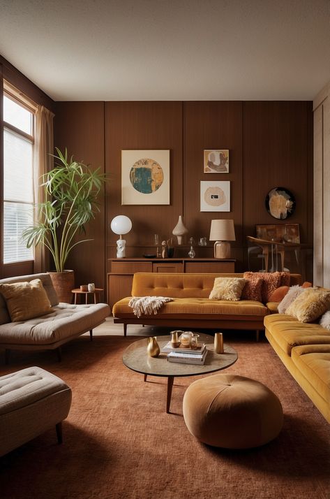 17 Modern 70s Living Room Ideas » Comfy Ideas Retro Interior Design 1970s Modern, 70s Furniture Living Room, Modern 1970s Interior Design, 70s Interior Design Living Room, Cozy Retro Living Room, Vintage 70s Living Room, Mcm Boho Living Room, Comfy Interior Design, 70s Apartment Aesthetic