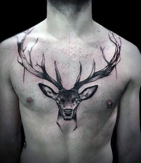 70 Antler Tattoo Designs For Men - Cool Branched Horn Ink Ideas Deer Chest Tattoo, Tattoo Designs Chest, Stag Tattoo Design, Buck Tattoo, Antler Tattoos, Deer Head Tattoo, Collar Bone Tattoo For Men, Antler Tattoo, Chest Tattoo Drawings