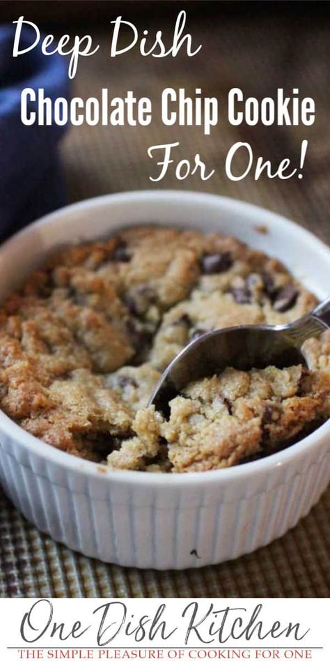 This is the BEST chocolate chip cookie recipe! Buttery, crisp edges and a warm, gooey center, this deep dish chocolate chip cookie can be baked in a ramekin and eaten with a spoon or baked on a cookie sheet. It’s so easy to make and is a delightful indulgent treat for one person. Chocolate Chip Cookie For One, Deep Dish Chocolate Chip Cookie, Cookie For One, Ramekin Recipe, Deep Dish Cookie, Best Chocolate Chip Cookie Recipe, One Dish Kitchen, Gooey Chocolate Chip Cookies, Recipe For 1