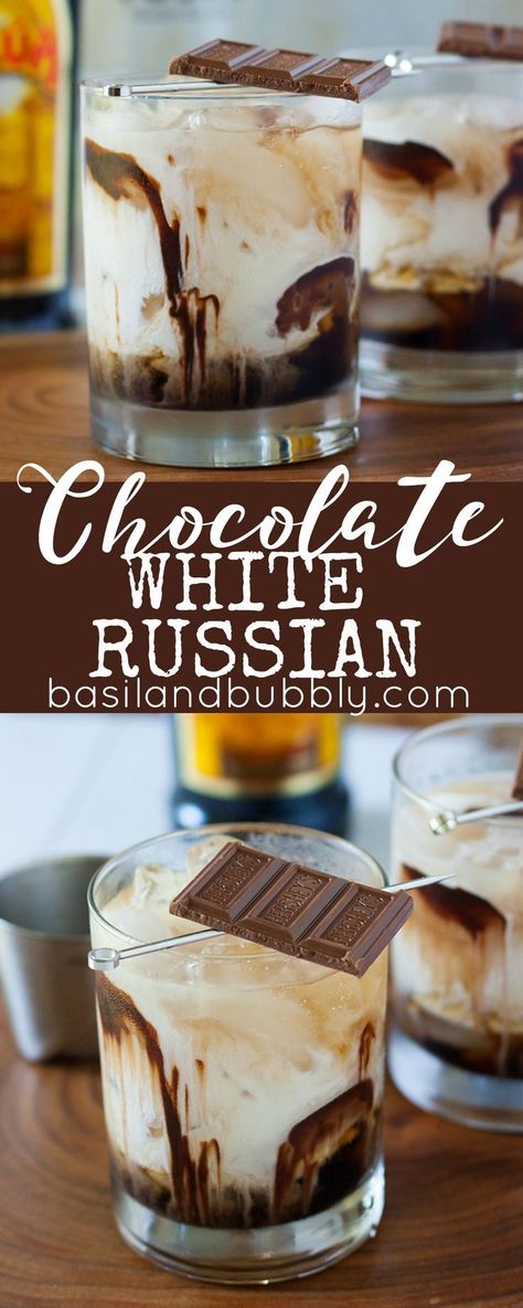 A dessert cocktail recipe everyone will love: Chocolate White Russians.  Made with Kahlua, Vodka, Cream, Chocolate Syrup, and garnished with a chocolate bar. Chocolate White Russian, Poppers Recipe, White Russian, Cocktail Desserts, Indulgent Desserts, Chocolate Syrup, Alcohol Drink Recipes, Alcohol Recipes, Holiday Drinks