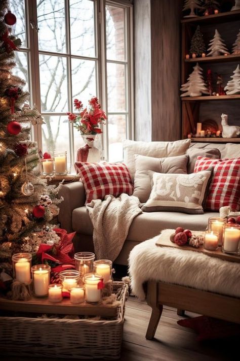 Use simple, clean lines for Christmas trees, wreaths, and garlands. Incorporate candles, faux fur, and knitted throw blankets to bring warmth to the space. Winter Social Media, Cosy Homes, Rustic Living Rooms, Christmas Coffee Table Decor, Blessed Christmas, Cozy Christmas Living Room, Waiting For Christmas, French Country Christmas, Christmas Decorations Apartment