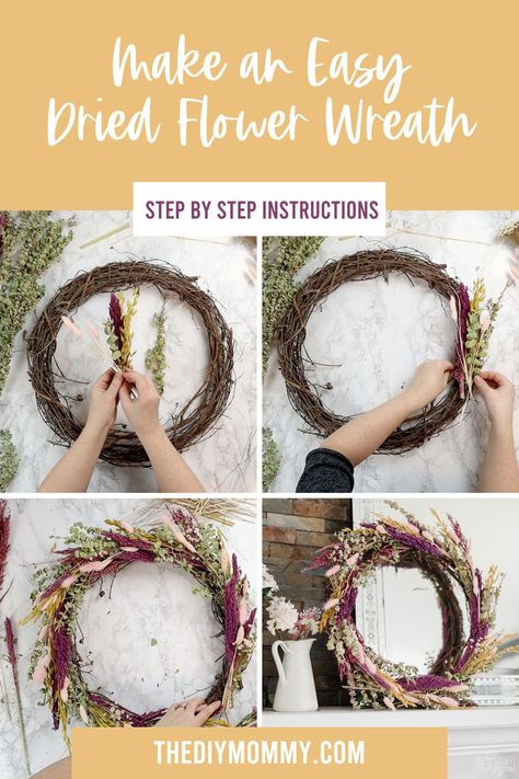 How To Make A Dry Flower Wreath, Faux Flower Wreath Diy, Making Dried Flower Wreath, Grapevine Wreath With Dried Flowers, Dried Flower Grapevine Wreath, Dried Floral Wreaths How To Make, Dried Flower Wreaths How To Make, Diy Dried Floral Wreath, Dry Flower Wreath Diy