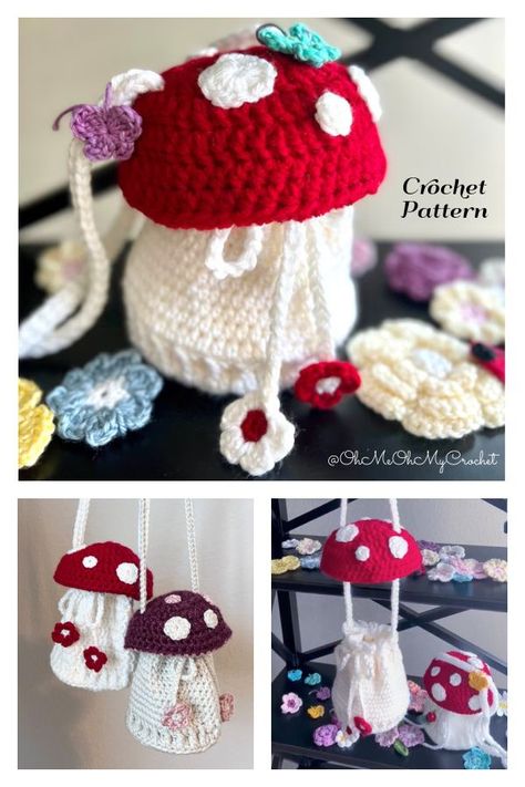 Mushroom Bag Crochet Patterns Mushroom Bag, Crochet Mushroom, Crochet Bag Pattern Free, Bag Pattern Free, Crochet Pouch, Crochet Design Pattern, Crochet Bags Purses, Fun Crochet Projects, Crochet Stuff