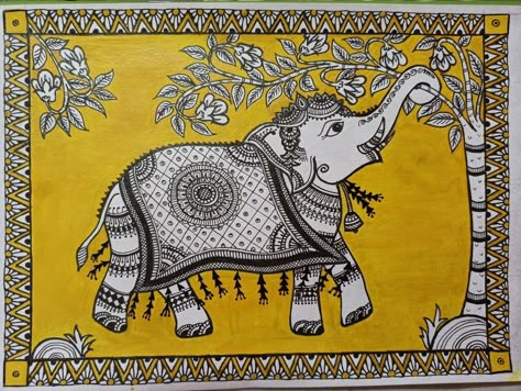 Indian Kalamkari Patterns, Madhubani Art Elephant Design, Kalamkari Elephant Painting, Elephant Kalamkari Design, Kalamkari Elephant Designs, Easy Kalamkari Art, Kalamkari Drawing Design, Elephant Madhubani Art, Pattachitra Elephant