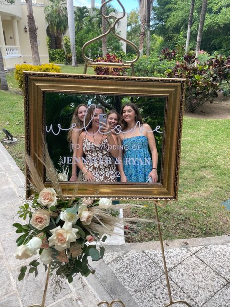 Event Mirror Decor, Mirror Photobooth Wedding, Gold Mirrors For Wedding, Welcome Wedding Sign Entrance Mirror, Wedding Venue Wall Decor, Wedding Welcome Selfie Mirror, Mirror Selfie Wedding Decor, Boho Guest Sign In Table, Wedding Welcome Sign Picture