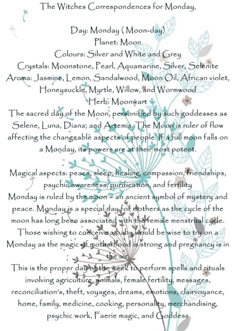 ☽✪☾...The Witches Correspondences for Monday, Spells For Monday, Monday Magickal Correspondences, Monday Correspondences, Monday Witch, Monday Rituals, Monday Magic, Witchy Tips, Wiccan Crafts, Magic Day