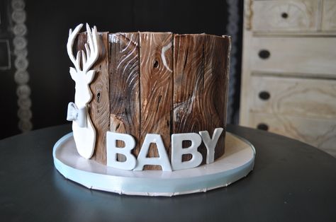 Oh Deer! Rustic Theme Baby Shower Cake  www.sugarbeesweets.com Hunting Baby Shower Cake, Deer Baby Shower Cake, Rustic Baby Shower Cake, Shower Foods, Driftwood Tree, Deer Cakes, Deer Theme, Hunting Baby, Deer Baby Showers