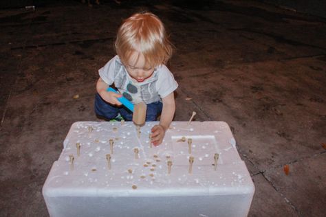 Fine motor activities are the activities that focus on developing the more precise movements and help your child strengthen their hand-eye coordination. This activity does just that. Hammering golf tees is a fun simple activity for any toddler or preschooler. Fine Motor Activity, Letter Activities, Spelling Words, Golf Tees, Green Dot, Fine Motor Activities, Motor Activities, Early Literacy, Learning Centers