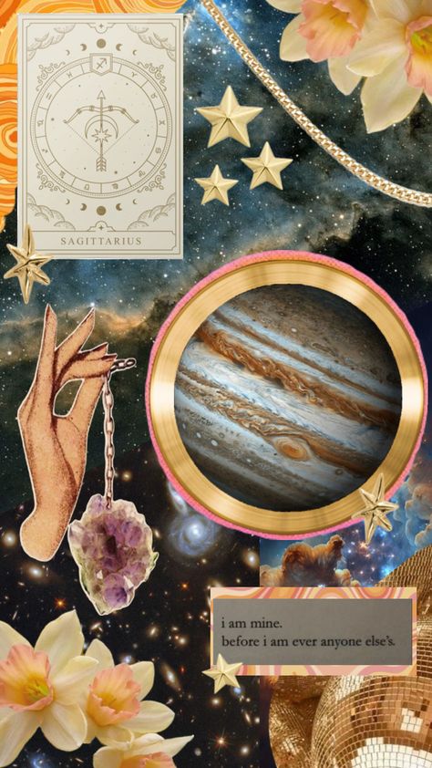 jupiter, gold necklaces, cards , a quote saying i am mine before i am anyone else’s. their flower, crystals and other Sagittarius Wallpaper Iphone, Astrology Wallpaper Iphone, Sagittarius Core, Astrology Wallpaper, Sagittarius Wallpaper, Fire Signs, Astrological Sign, + Core + Aesthetic, Pretty Wallpaper Iphone