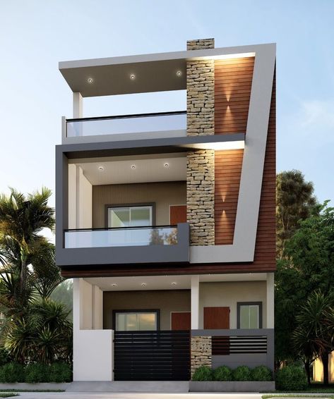 house front elevation designs - Building and Interiors FACADE ELEVATION: Plot size - 20 Feet x 50 Feet Facing of the plot - South Number of floors - 2 Location - Indore Type of building - Residential building Material specification – Sand Plaster Work, Exterior Paint, Texture, Celling Light, Glass Railing, Wooden tiles and Stone Work. For More Detail Call On 91110 88801/ 02/03 or visit https://samasthiticonstructions.com/ #Residential & #Commercial #Building #elevation #Design # Commercial Building Elevation, Building Elevation Design, Home Front Elevation, Residential Commercial Building, House Front Elevation, South Facing House, Building Front Designs, Modern Bungalow Exterior, Building Design Plan