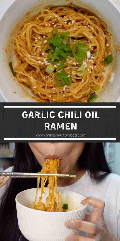 Garlic Chili Oil Ramen, Chili Oil Ramen Recipe, Honey Garlic Ramen, Ramen Chili Oil, Ramen With Chili Oil, Chili Ramen Noodle Recipes, Best Ramen Noodle Recipes From Package, Chili Oil Pasta Recipe, Chili Oil Ramen Noodles