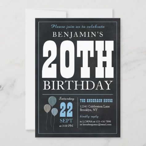 $2.80 | 20th Birthday Chalkboard Blue Balloon Rustic Chic #birthday, chalkboard, blue, balloon, rustic, male boy man birthday, female girl woman birthday, vintage, 20th birthday, twenty Birthday Female, Rustic Birthday, 20th Birthday Party, Chic Invitation, Vintage Chalkboard, Woman Birthday, Chic Birthday, 60th Birthday Invitations, Blue Balloon