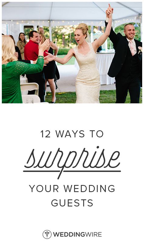 12 Ways to Surprise Your Wedding Guests - No matter how you plan it, your wedding day will be absolutely magical. But if you’re looking to break the norm—and really wow your guests—you might want to have a few tricks up your sleeve. Check out 12 ways to surprise your wedding guests on WeddingWire! {Studio Phrené} Wedding Reception Favors, Wardrobe Change, Nye Wedding, Elegant Wedding Reception, Surprise Wedding, Wedding Etiquette, Wedding Info, Wedding Activities, Wedding Planning Advice