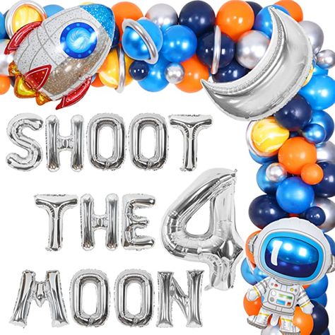 Shoot 4 The Stars Birthday, Four Year Old Space Birthday, Space Fourth Birthday Party, Shoot 4 The Moon Birthday, Birthday Theme For 4 Year Boy, 4year Birthday Party Ideas For Boys, Space 4th Birthday Party, Reach Four The Stars Boy Birthday, Fourth Birthday Theme Boy