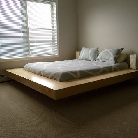 Maple Wood Floating Platform Bed Frame #DIY #Floating #Maple #BedFrame #Ideas #NewApartment Floating Bed Design, Curtains Lighting, Women Apartment, Apartment Rug, Platform Bed Plans, Floating Platform Bed, Homemade Beds, Apartment Curtains, Apartment Rugs