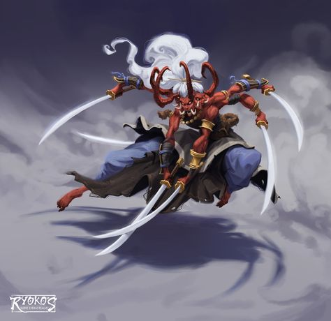 ArtStation - Character Designs 6 - Ryoko's Guide to the Yokai Realms, Aleksa Drageljevic Gods Character Design, Demon Character Art, 6 Arms Character Design, Yokai Art, Tengu Character Design, Yokai Oc, Japanese Yokai Art, Yokai Character Design, Four Arms Character Design