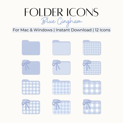 💙 12 Blue Gingham Folder Icons for Mac & Windows PC Elevate your digital workspace with our adorable Blue Gingham Folder Icons bundle! Perfect for organizing files and folders on both Mac and Windows PCs. This set includes 12 meticulously crafted icons, featuring a delightful blue gingham pattern. Six of these icons are adorned with a cute bow, adding an extra touch of sweetness to your desktop experience. Plus, enjoy the bonus of 6 organizer wallpapers to further personalize your desktop exper Blue Imac Aesthetic, Mac Book Organizer Wallpaper, File Icon Aesthetic, Laptop Folder Icons, Light Blue Desktop Wallpaper, Blue Folder Icon, Blue Mac Wallpaper, Desktop Icons Png, Cute Desktop Icons