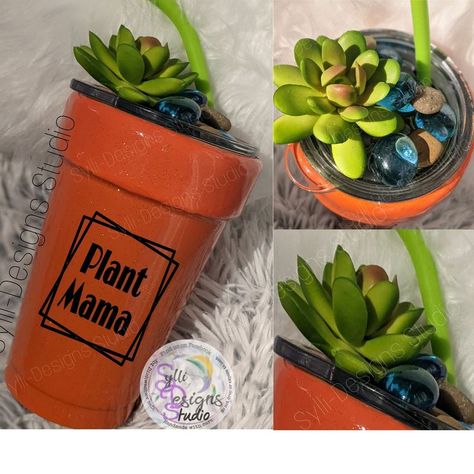 flower pot shaped tumbler , and plant topper with rocks and crystals Plant Tumbler, Tumbler Cups Personalized, Snow Globe Crafts, Plant Mama, Mama Tumbler, Plant Crafts, Glitter Tumbler Cups, Custom Tumbler Cups, Tumbler Cups Diy