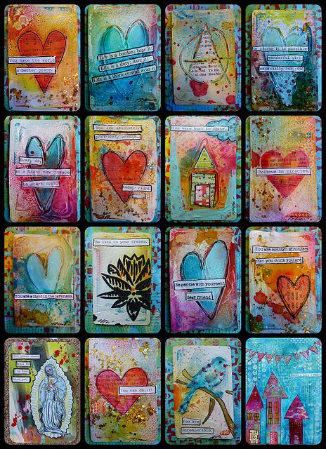 Recycled card set ~ free tutorial by artist Nicole Maki; mixed media gesso & collage . . . . ღTrish W ~ http://www.pinterest.com/trishw/ . . . . #art #journal Cards Tutorial, Journal D'art, Art Trading Cards, Art Carte, Atc Cards, Card Tutorial, Mixed Media Projects, Mixed Media Art Journaling, Mix Media