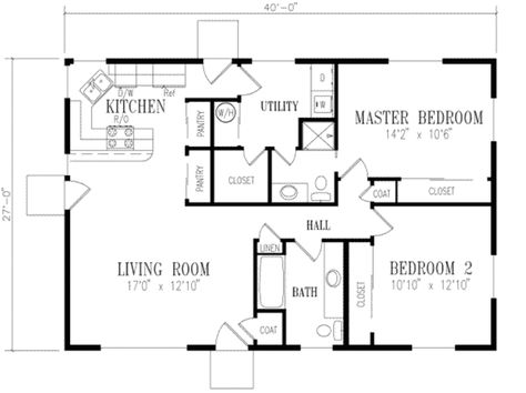 Plan #1-158 - Houseplans.com Open Concept House Plans, Square House Plans, Open Floor House Plans, Cottage Floor Plans, Two Bedroom House, Cabin Floor, 2 Bedroom House Plans, House Plans 3 Bedroom, Monster House Plans