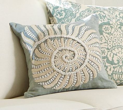 Blue Nautilus Embroidered Pillow Cover Pottery Barn Pillows, Dream Beach Houses, Embroidered Pillow Covers, Beachy Decor, Coastal Chic, Diy Pillows, Pillows And Throws, Embroidered Pillow, Decorative Throws