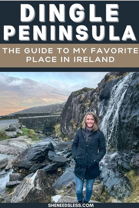 woman at waterfall at conor pass in Ireland with text overlay that reads: dingle peninsula the guide to my favorite place in ireland Dingle Ireland Photography, Dingle Way Ireland Hiking, Ireland Travel Itinerary, Ireland At Christmas, South Ireland, Ireland In August, Ireland Dingle, Europe Travel Itinerary, Best European Cities To Visit